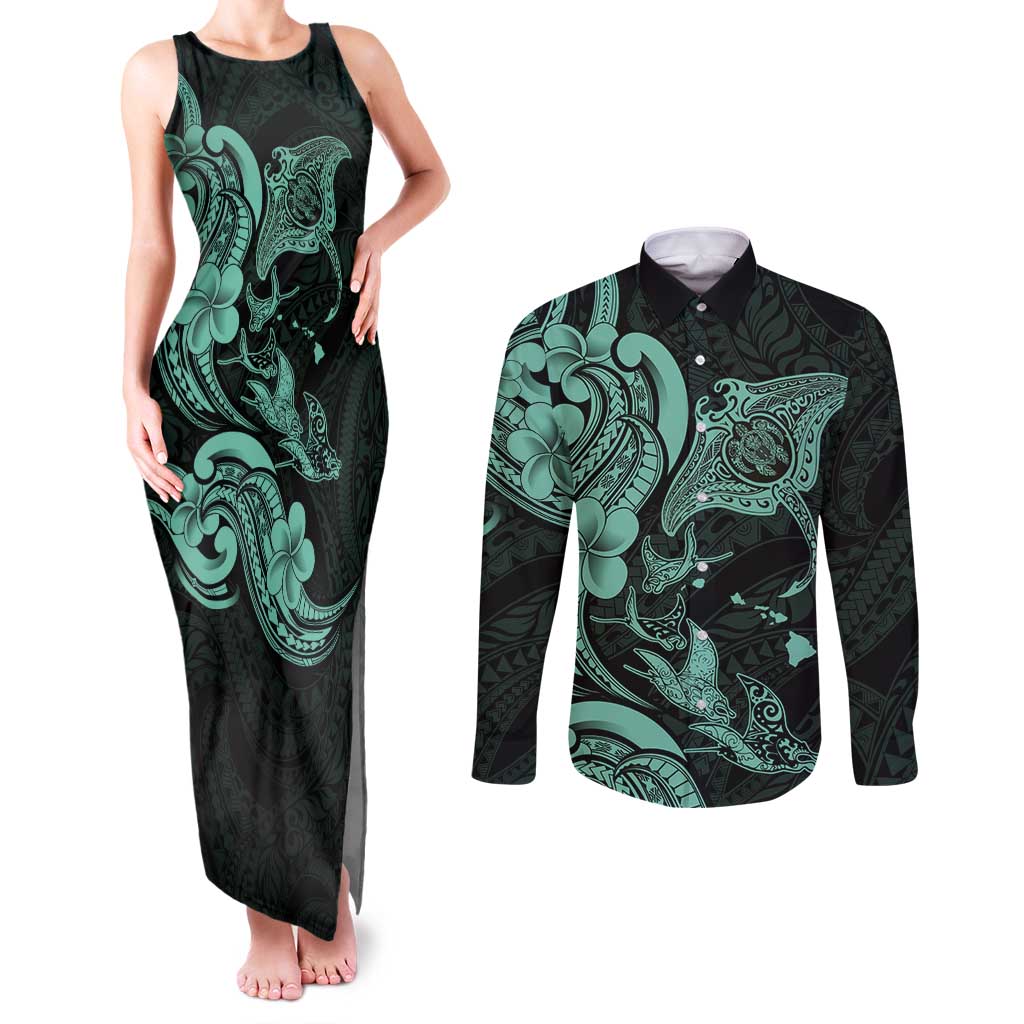 Hawaiian Manta Rays Couples Matching Tank Maxi Dress and Long Sleeve Button Shirt Tribal Hibiscus Polynesian Tattoos Turquoise Color - Polynesian Pride