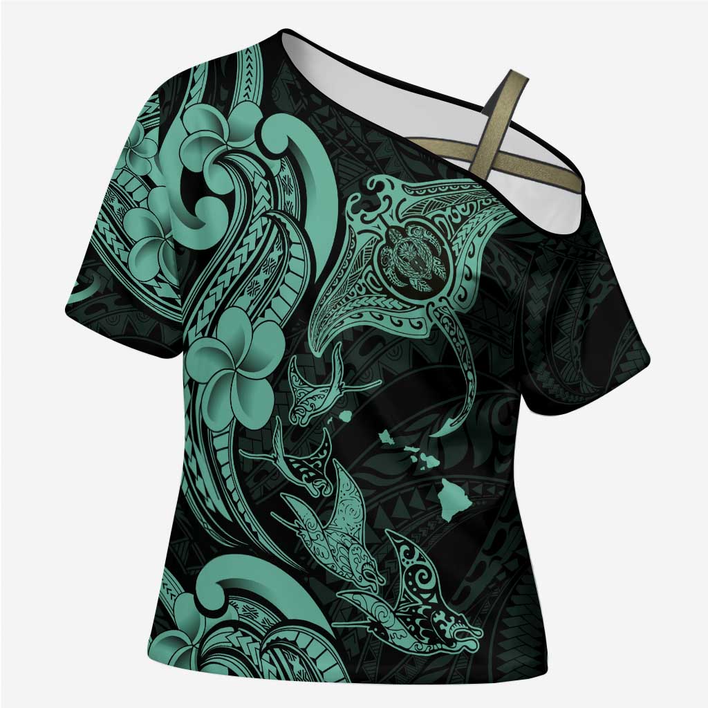 Hawaiian Manta Rays Cross Shoulder Shirt Tribal Hibiscus Polynesian Tattoos Turquoise Color - Polynesian Pride