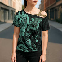 Hawaiian Manta Rays Cross Shoulder Shirt Tribal Hibiscus Polynesian Tattoos Turquoise Color - Polynesian Pride