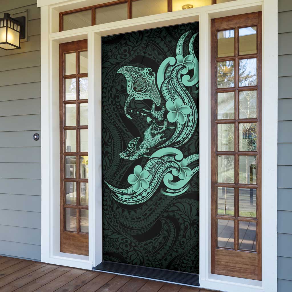 Hawaiian Manta Rays Door Cover Tribal Hibiscus Polynesian Tattoos Turquoise Color - Polynesian Pride