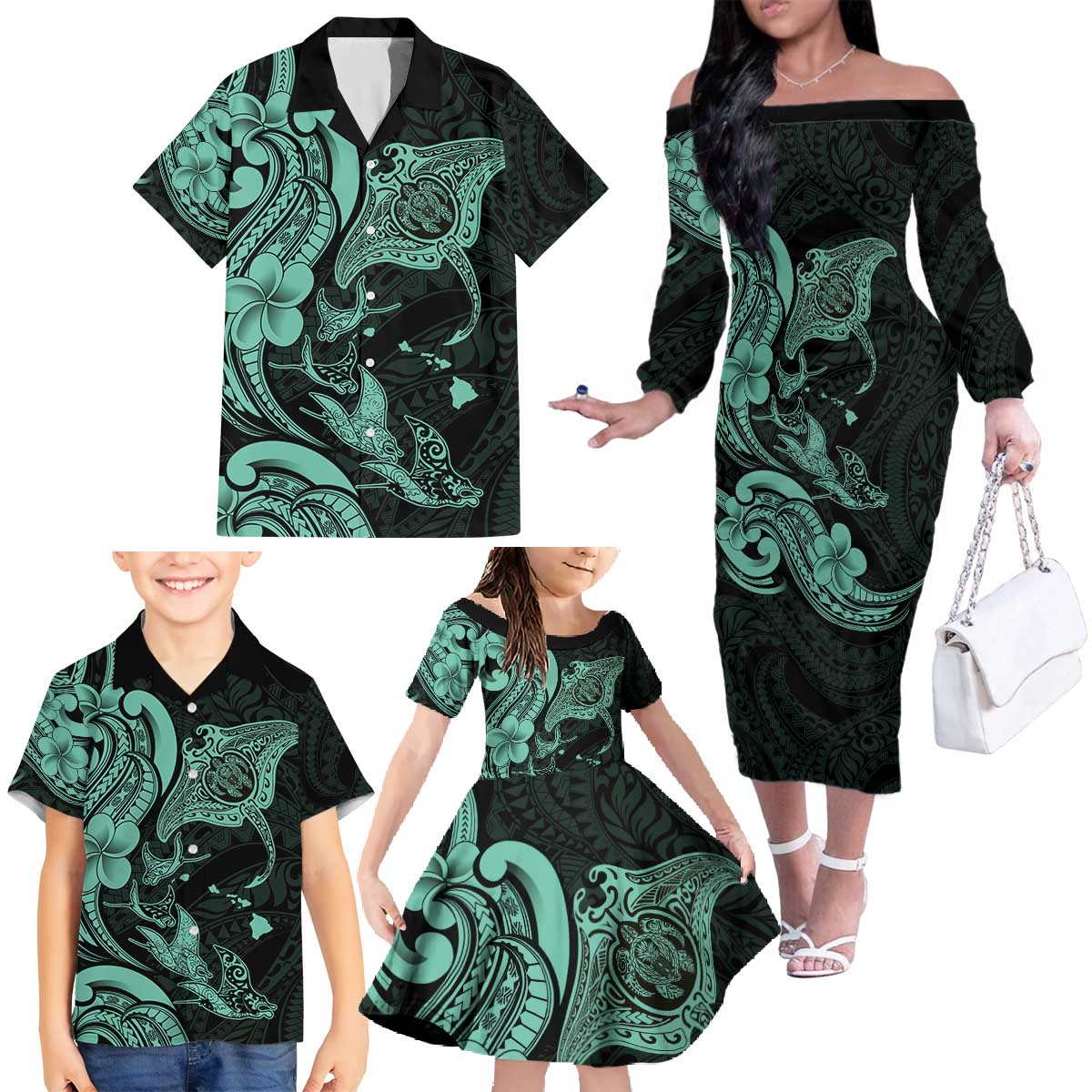Hawaiian Manta Rays Family Matching Off The Shoulder Long Sleeve Dress and Hawaiian Shirt Tribal Hibiscus Polynesian Tattoos Turquoise Color - Polynesian Pride