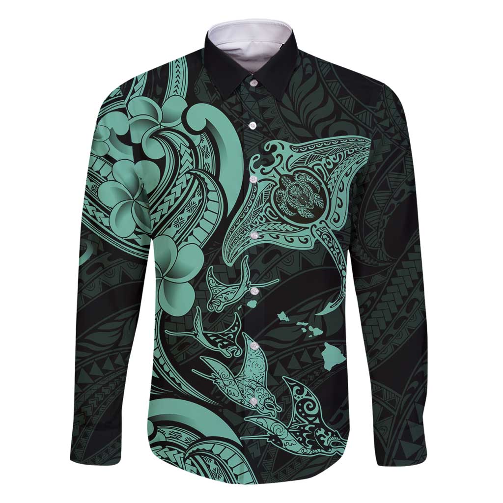 Hawaiian Manta Rays Family Matching Off Shoulder Maxi Dress and Hawaiian Shirt Tribal Hibiscus Polynesian Tattoos Turquoise Color - Polynesian Pride