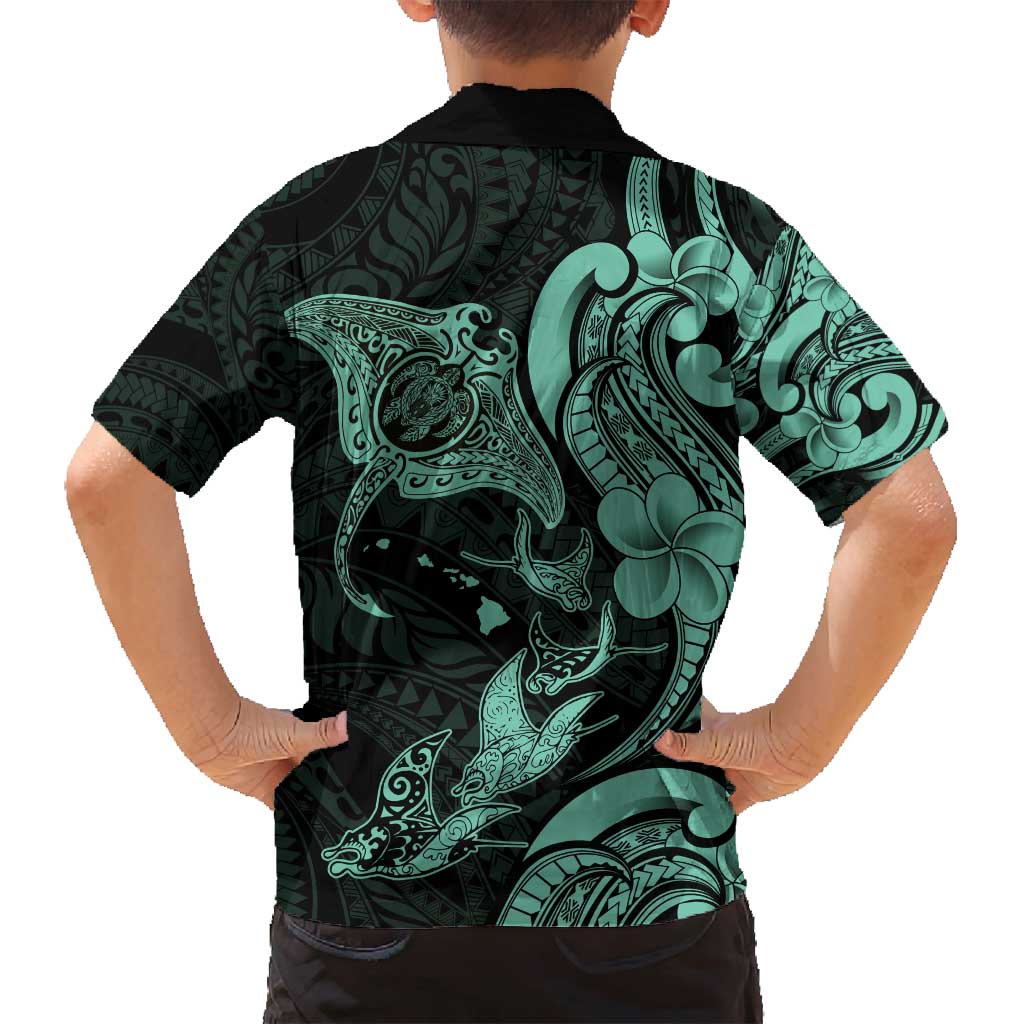 Hawaiian Manta Rays Family Matching Off Shoulder Short Dress and Hawaiian Shirt Tribal Hibiscus Polynesian Tattoos Turquoise Color - Polynesian Pride