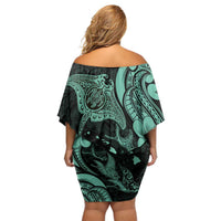 Hawaiian Manta Rays Family Matching Off Shoulder Short Dress and Hawaiian Shirt Tribal Hibiscus Polynesian Tattoos Turquoise Color - Polynesian Pride
