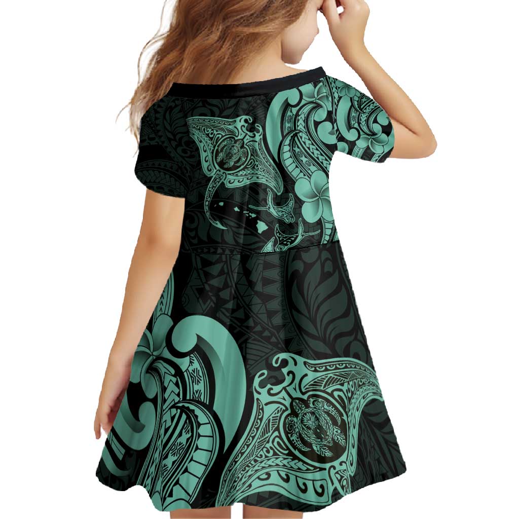 Hawaiian Manta Rays Family Matching Summer Maxi Dress and Hawaiian Shirt Tribal Hibiscus Polynesian Tattoos Turquoise Color - Polynesian Pride