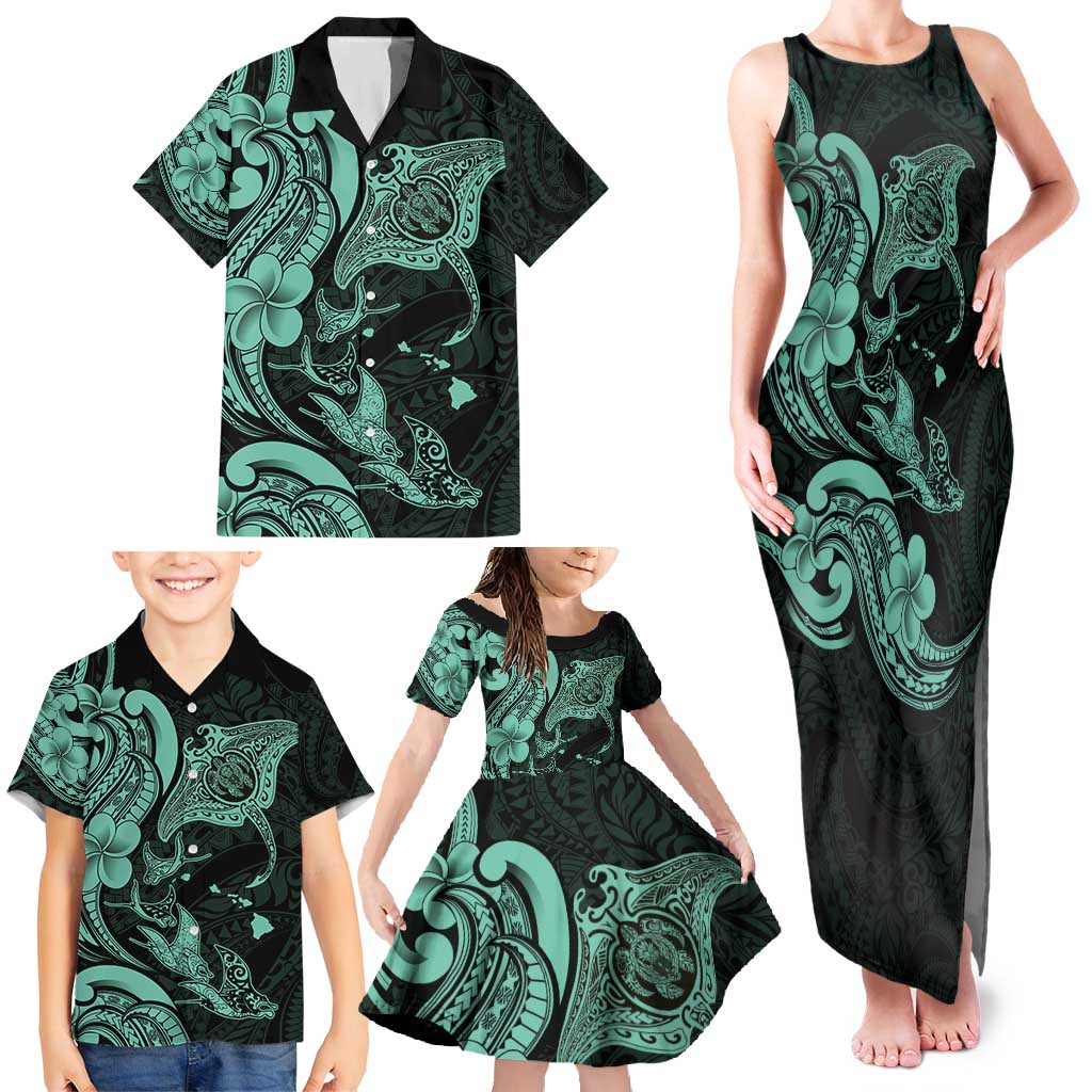 Hawaiian Manta Rays Family Matching Tank Maxi Dress and Hawaiian Shirt Tribal Hibiscus Polynesian Tattoos Turquoise Color - Polynesian Pride