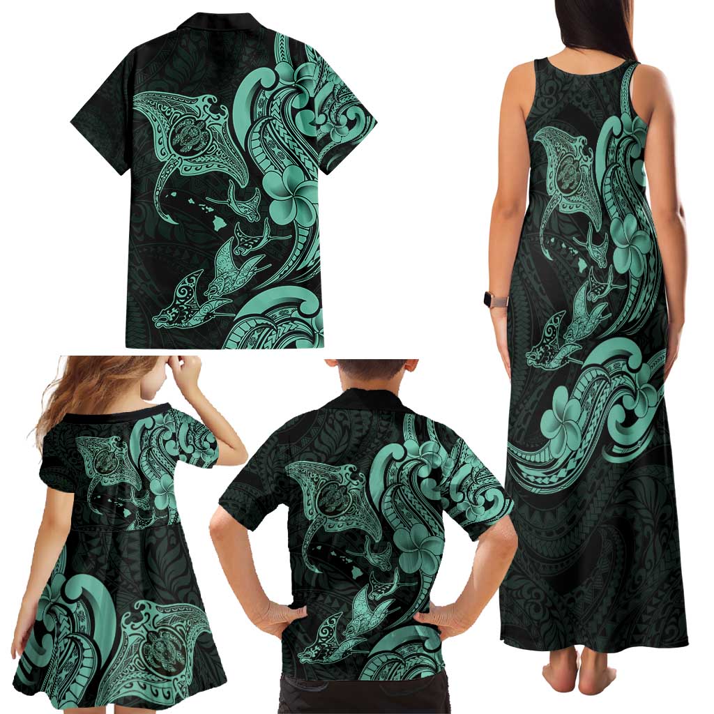 Hawaiian Manta Rays Family Matching Tank Maxi Dress and Hawaiian Shirt Tribal Hibiscus Polynesian Tattoos Turquoise Color - Polynesian Pride