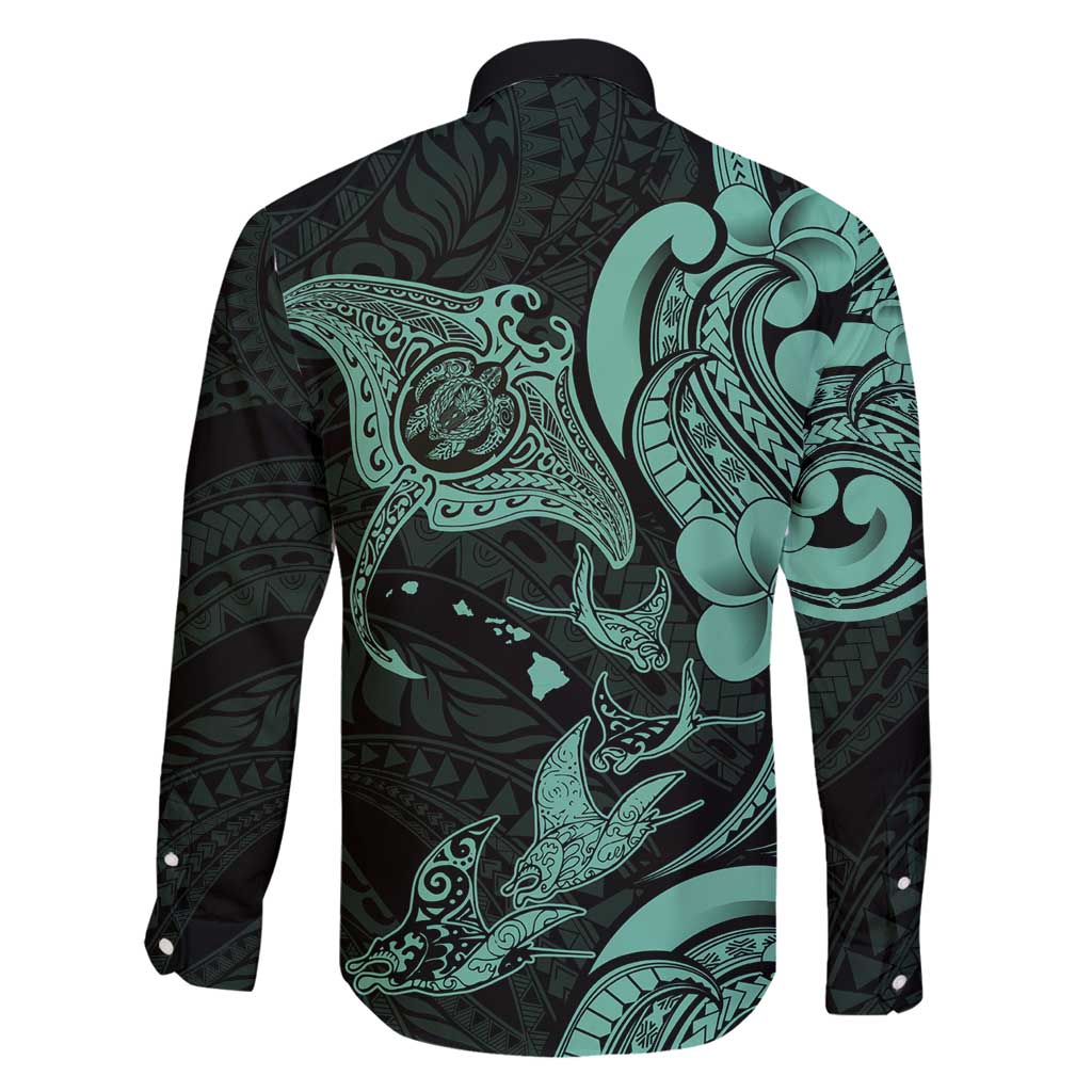 Hawaiian Manta Rays Family Matching Tank Maxi Dress and Hawaiian Shirt Tribal Hibiscus Polynesian Tattoos Turquoise Color - Polynesian Pride