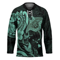 Hawaiian Manta Rays Hockey Jersey Tribal Hibiscus Polynesian Tattoos Turquoise Color - Polynesian Pride