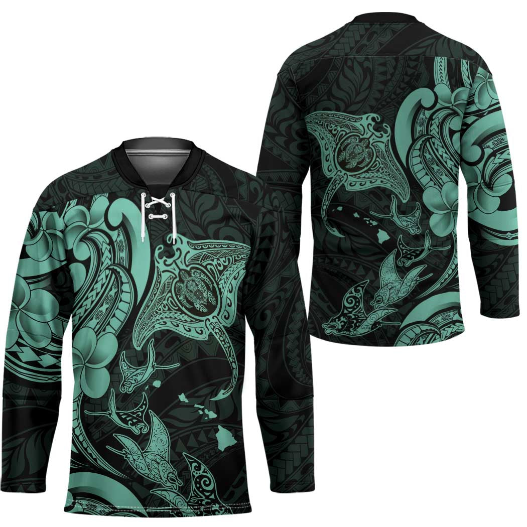 Hawaiian Manta Rays Hockey Jersey Tribal Hibiscus Polynesian Tattoos Turquoise Color - Polynesian Pride
