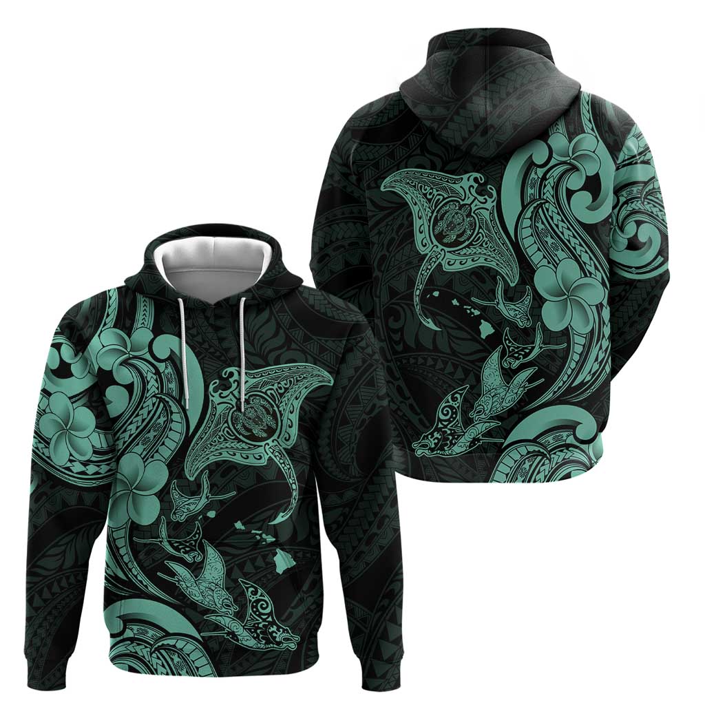 Hawaiian Manta Rays Hoodie Tribal Hibiscus Polynesian Tattoos Turquoise Color - Polynesian Pride