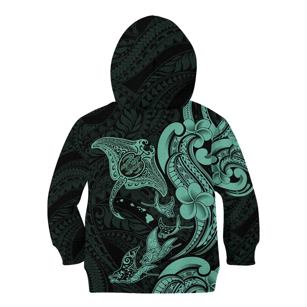 Hawaiian Manta Rays Kid Hoodie Tribal Hibiscus Polynesian Tattoos Turquoise Color - Polynesian Pride
