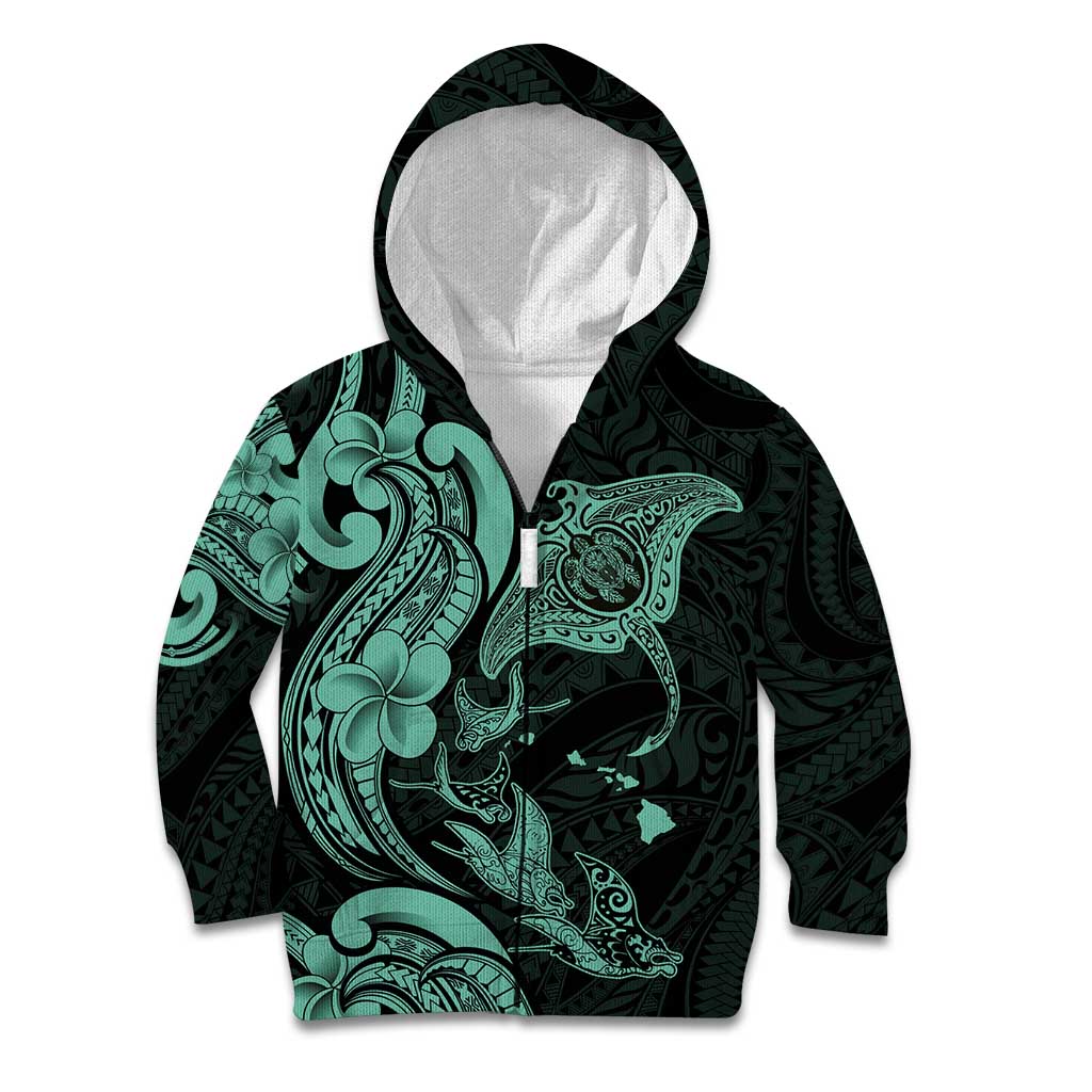 Hawaiian Manta Rays Kid Hoodie Tribal Hibiscus Polynesian Tattoos Turquoise Color - Polynesian Pride