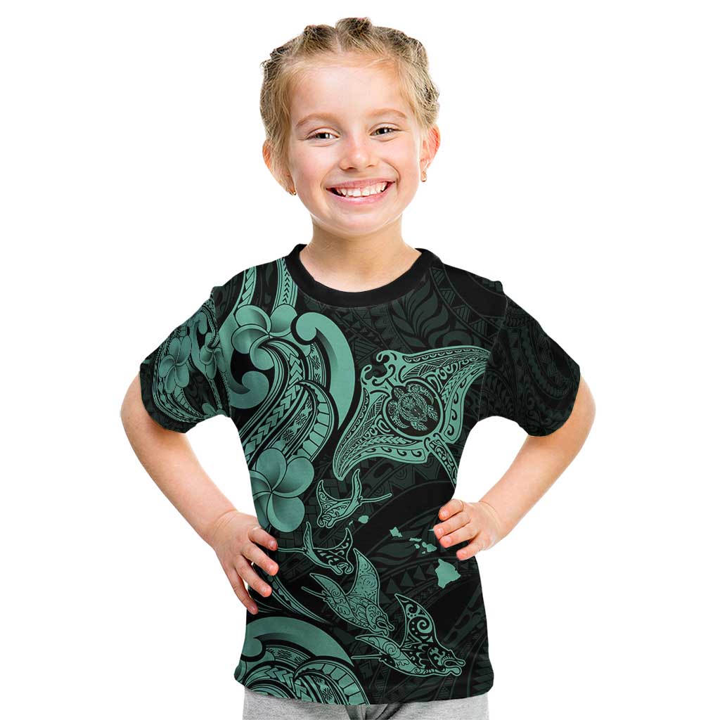 Hawaiian Manta Rays Kid T Shirt Tribal Hibiscus Polynesian Tattoos Turquoise Color - Polynesian Pride