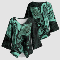 Hawaiian Manta Rays Kimono Sleeve Blouse Tribal Hibiscus Polynesian Tattoos Turquoise Color - Polynesian Pride