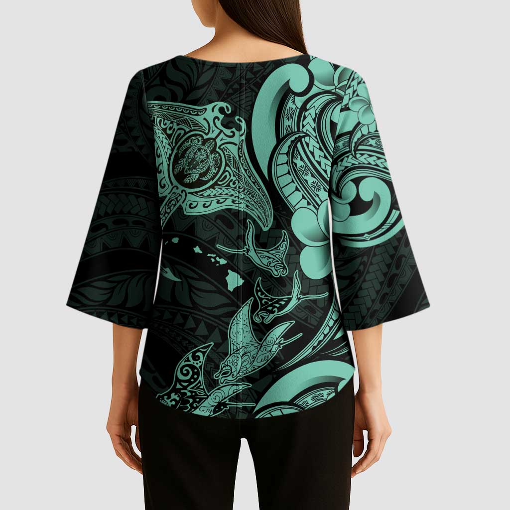 Hawaiian Manta Rays Kimono Sleeve Blouse Tribal Hibiscus Polynesian Tattoos Turquoise Color - Polynesian Pride
