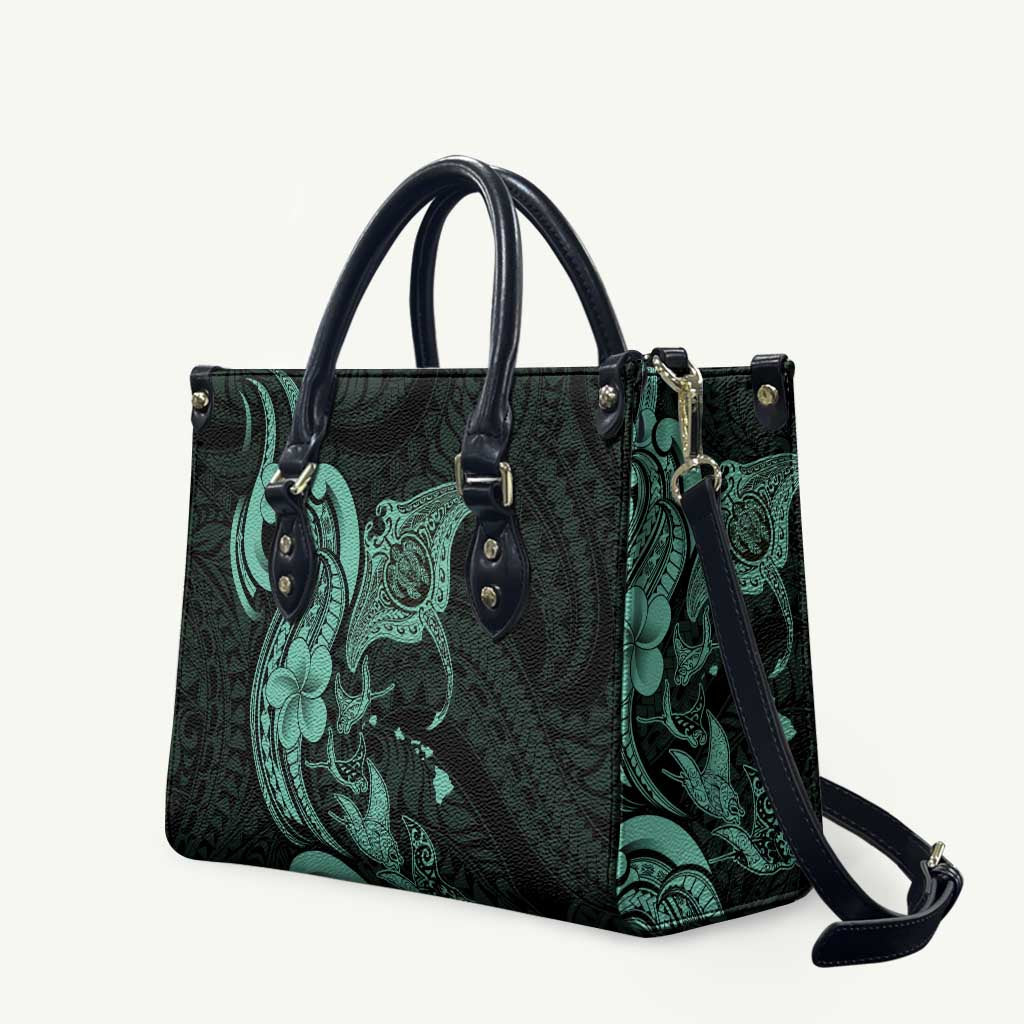 Hawaiian Manta Rays Leather Bag Tribal Hibiscus Polynesian Tattoos Turquoise Color - Polynesian Pride