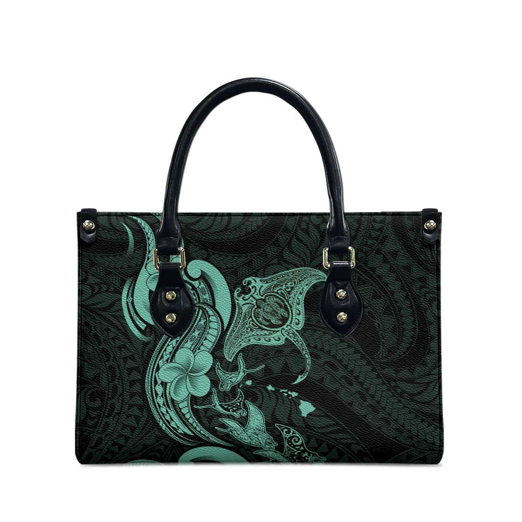 Hawaiian Manta Rays Leather Bag Tribal Hibiscus Polynesian Tattoos Turquoise Color - Polynesian Pride
