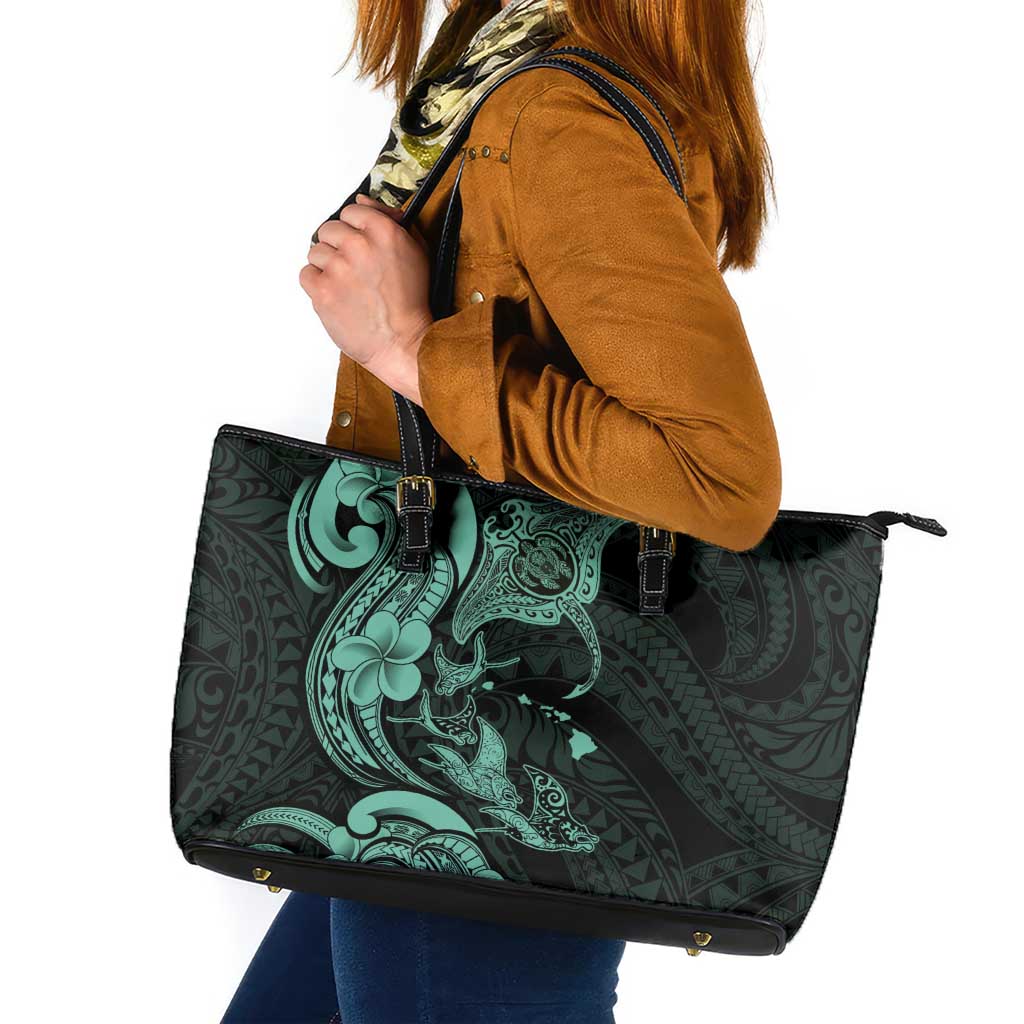 Hawaiian Manta Rays Leather Tote Bag Tribal Hibiscus Polynesian Tattoos Turquoise Color - Polynesian Pride