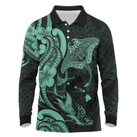 Hawaiian Manta Rays Long Sleeve Polo Shirt Tribal Hibiscus Polynesian Tattoos Turquoise Color - Polynesian Pride