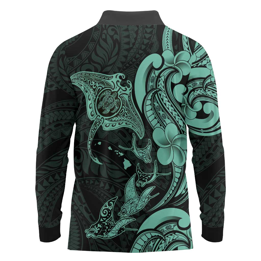 Hawaiian Manta Rays Long Sleeve Polo Shirt Tribal Hibiscus Polynesian Tattoos Turquoise Color - Polynesian Pride