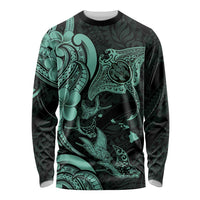 Hawaiian Manta Rays Long Sleeve Shirt Tribal Hibiscus Polynesian Tattoos Turquoise Color - Polynesian Pride
