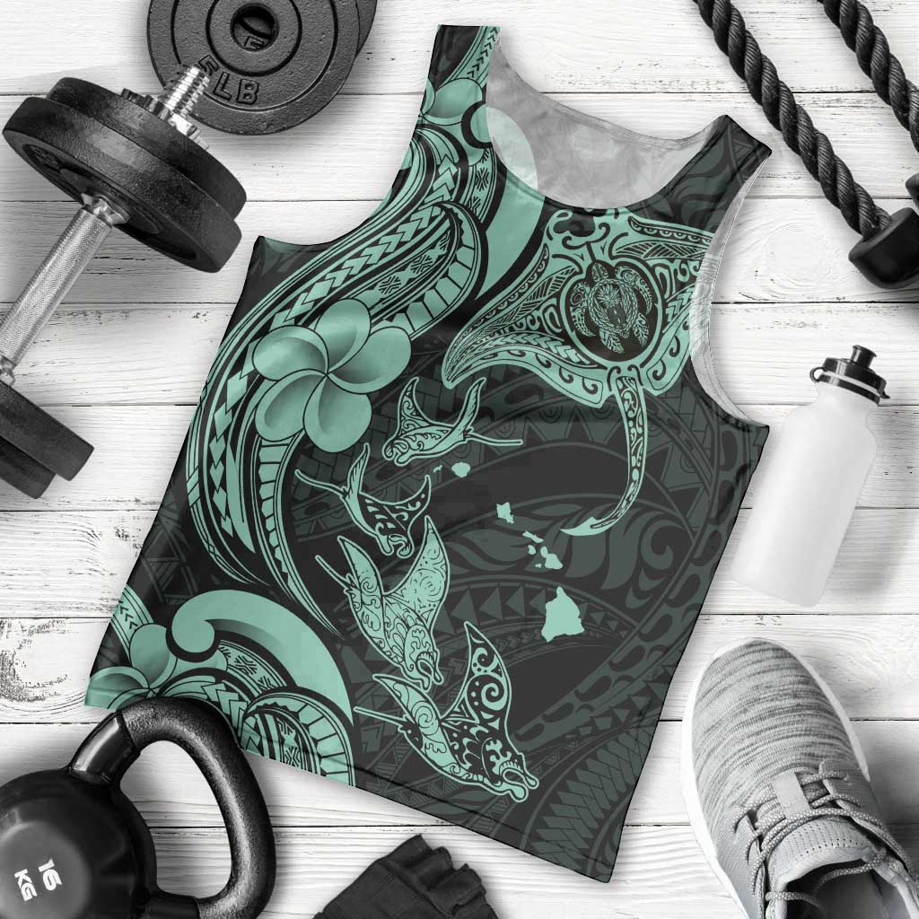 Hawaiian Manta Rays Men Tank Top Tribal Hibiscus Polynesian Tattoos Turquoise Color - Polynesian Pride