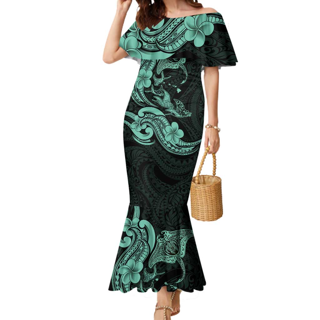 Hawaiian Manta Rays Mermaid Dress Tribal Hibiscus Polynesian Tattoos Turquoise Color - Polynesian Pride