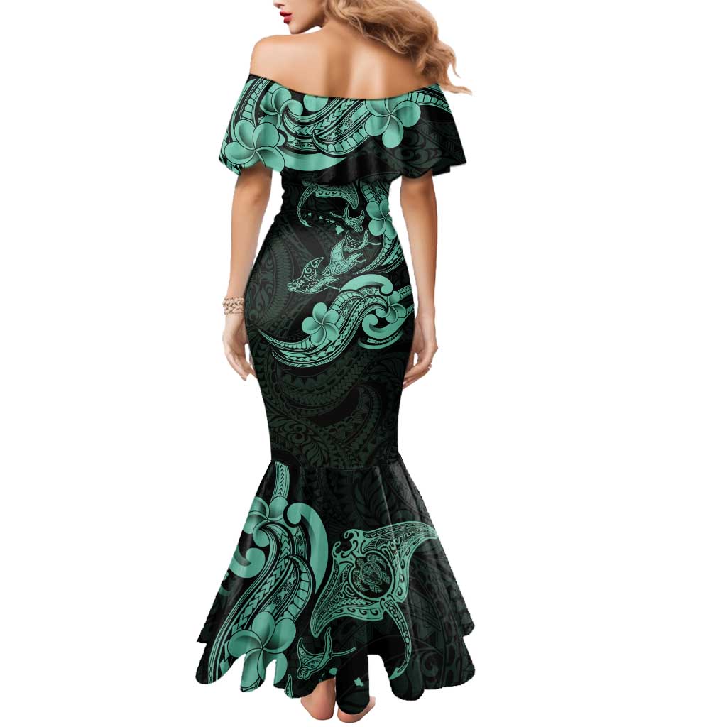 Hawaiian Manta Rays Mermaid Dress Tribal Hibiscus Polynesian Tattoos Turquoise Color - Polynesian Pride