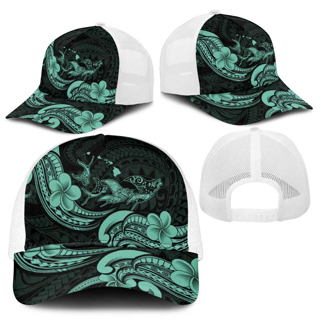 Hawaiian Manta Rays Mesh Trucker Cap Tribal Hibiscus Polynesian Tattoos Turquoise Color - Polynesian Pride