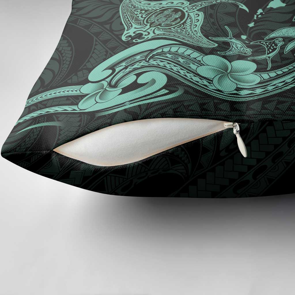 Hawaiian Manta Rays Pillow Cover Tribal Hibiscus Polynesian Tattoos Turquoise Color - Polynesian Pride