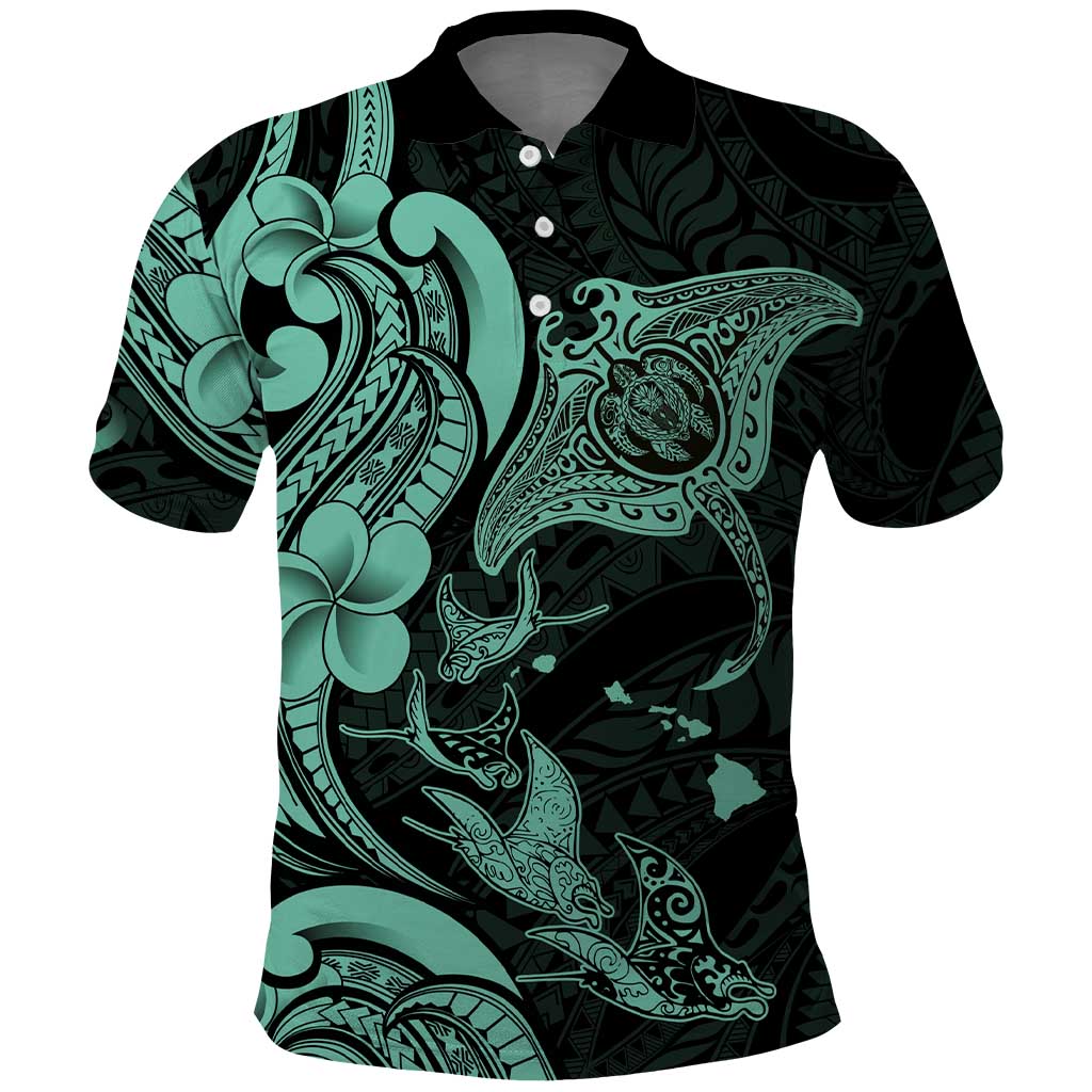 Hawaiian Manta Rays Polo Shirt Tribal Hibiscus Polynesian Tattoos Turquoise Color - Polynesian Pride