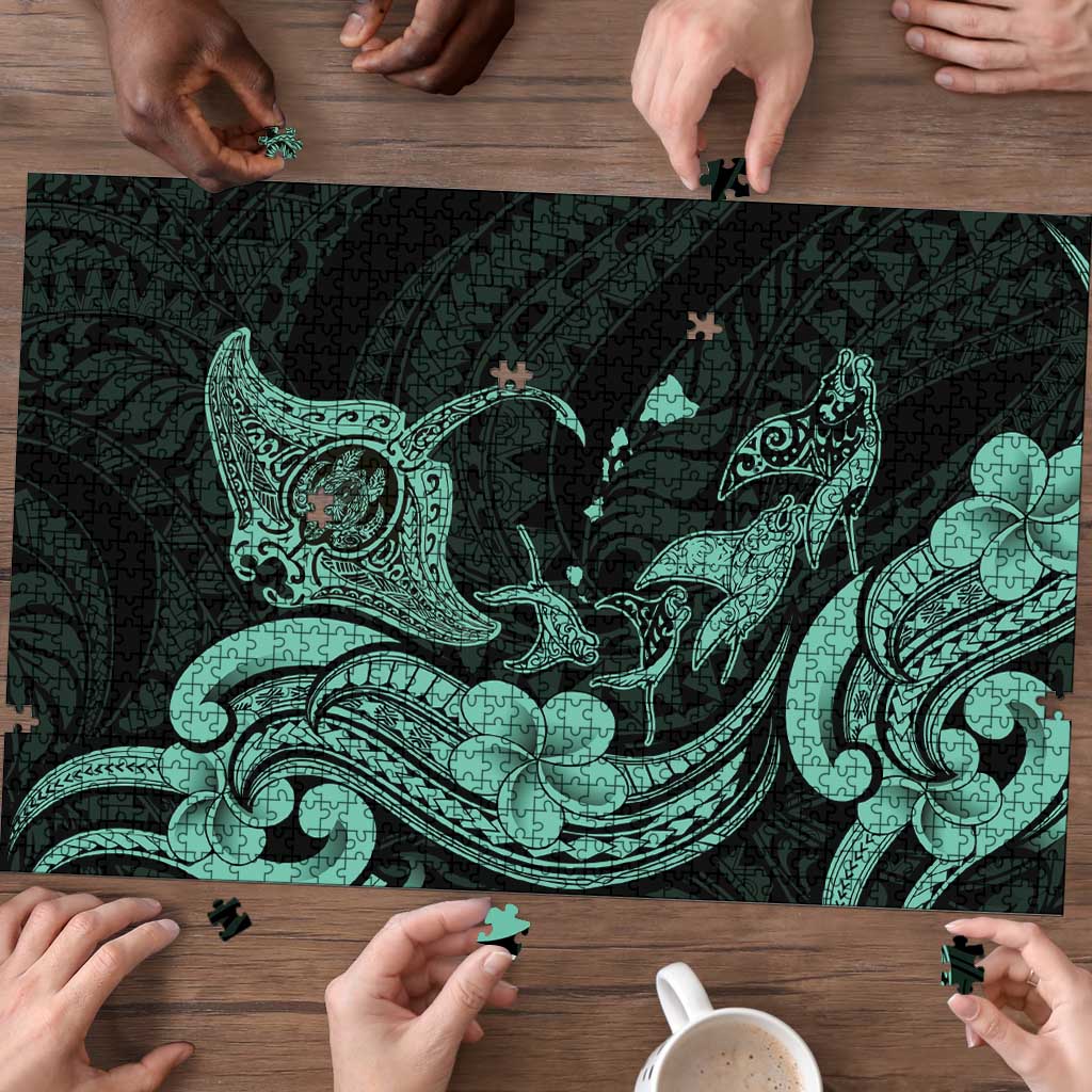 Hawaiian Manta Rays Puzzle Tribal Hibiscus Polynesian Tattoos Turquoise Color - Polynesian Pride