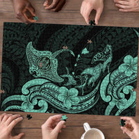 Hawaiian Manta Rays Puzzle Tribal Hibiscus Polynesian Tattoos Turquoise Color - Polynesian Pride