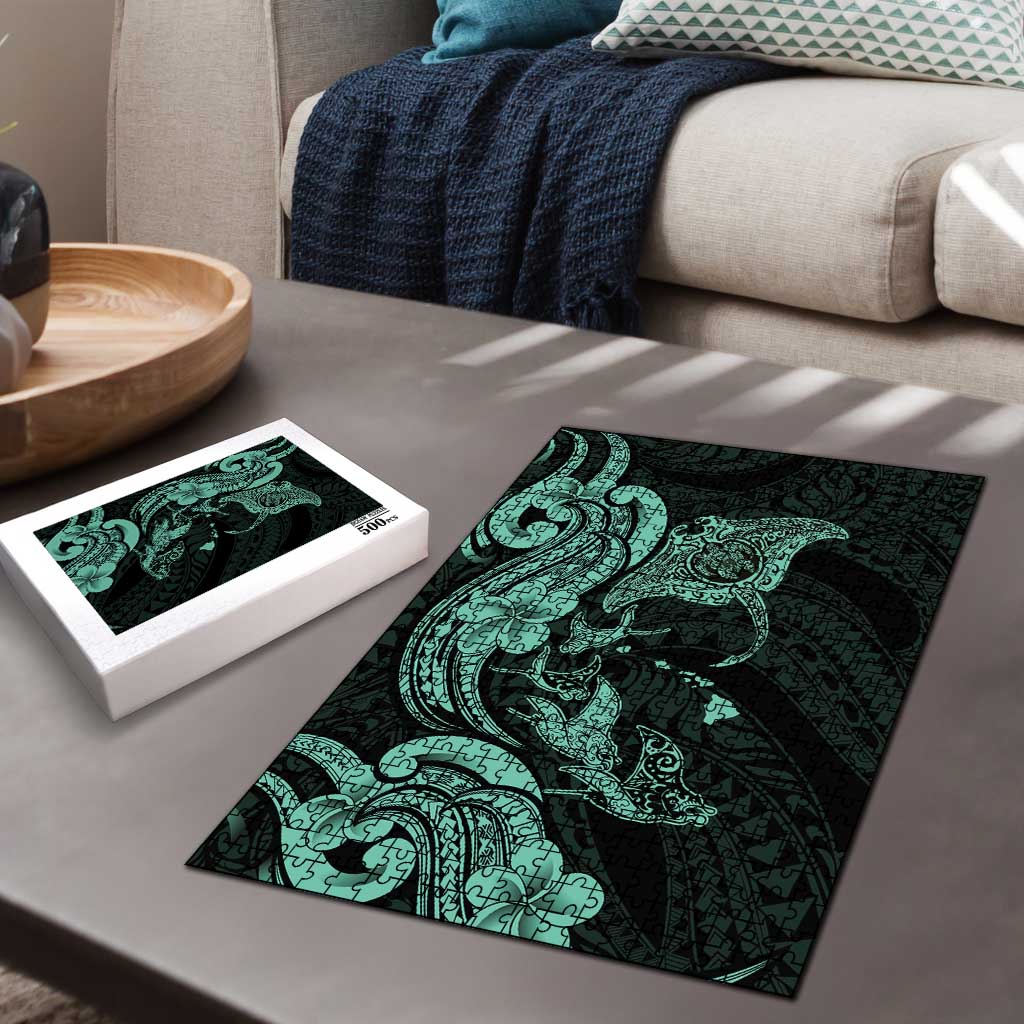 Hawaiian Manta Rays Puzzle Tribal Hibiscus Polynesian Tattoos Turquoise Color - Polynesian Pride