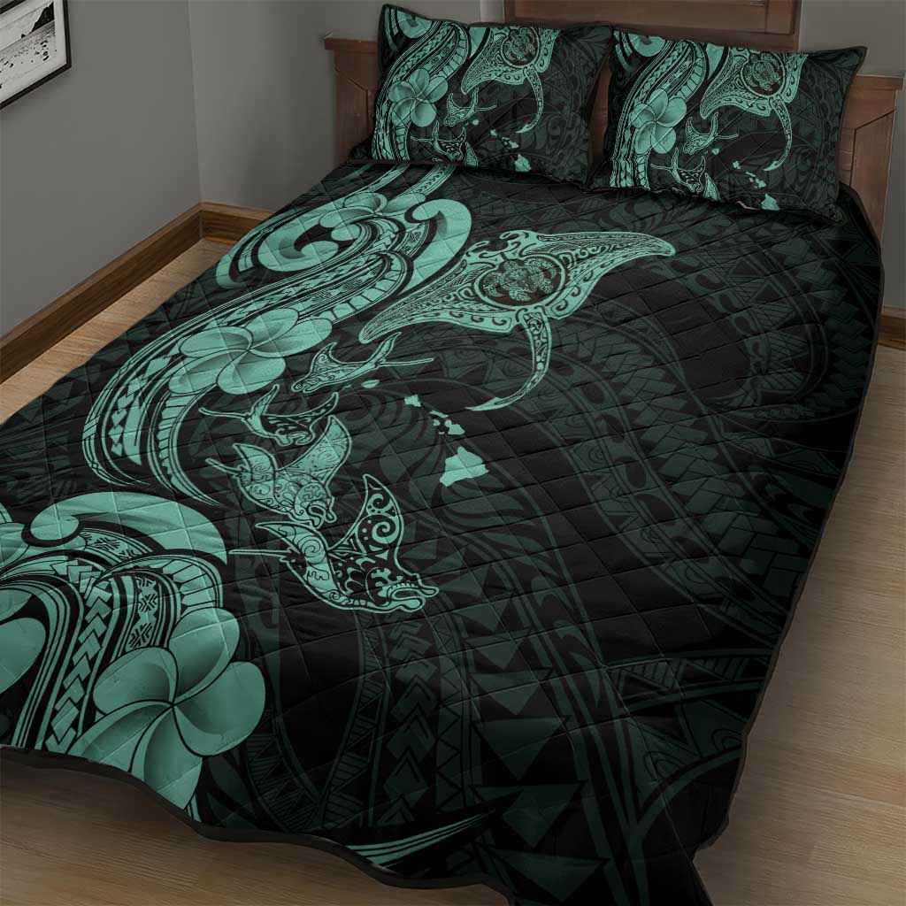 Hawaiian Manta Rays Quilt Bed Set Tribal Hibiscus Polynesian Tattoos Turquoise Color - Polynesian Pride