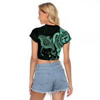 Hawaiian Manta Rays Raglan Cropped T Shirt Tribal Hibiscus Polynesian Tattoos Turquoise Color - Polynesian Pride