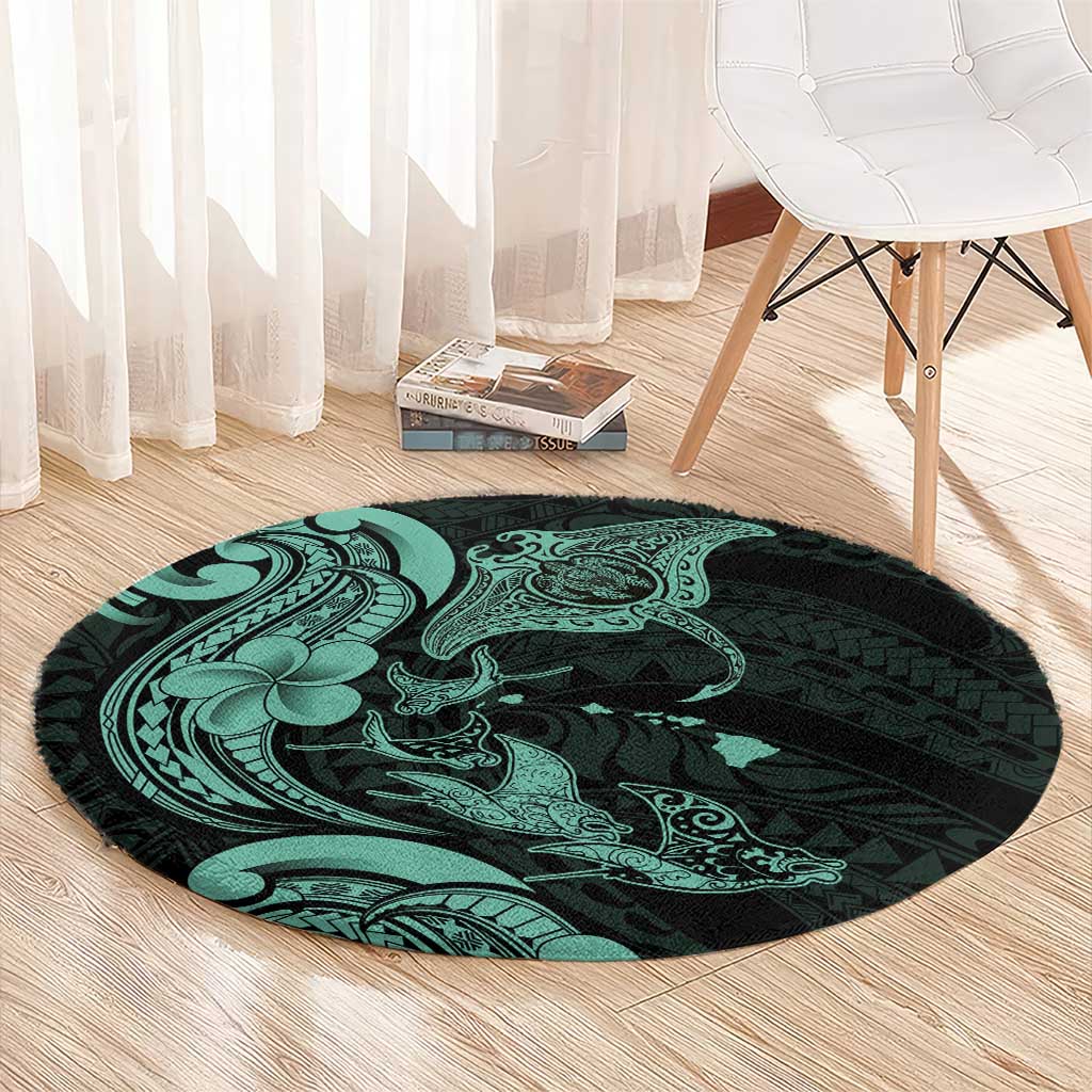 Hawaiian Manta Rays Round Carpet Tribal Hibiscus Polynesian Tattoos Turquoise Color - Polynesian Pride