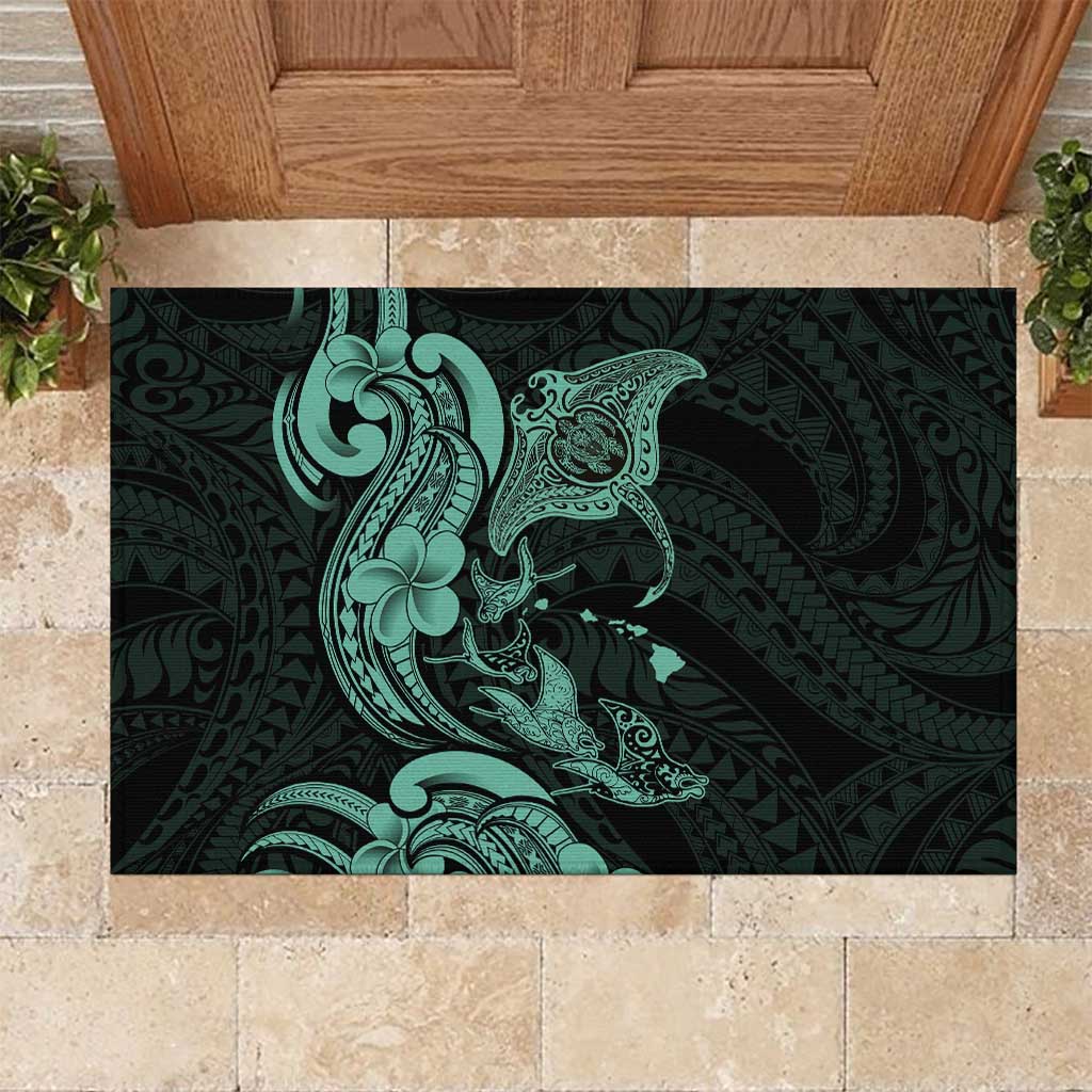 Hawaiian Manta Rays Rubber Doormat Tribal Hibiscus Polynesian Tattoos Turquoise Color - Polynesian Pride