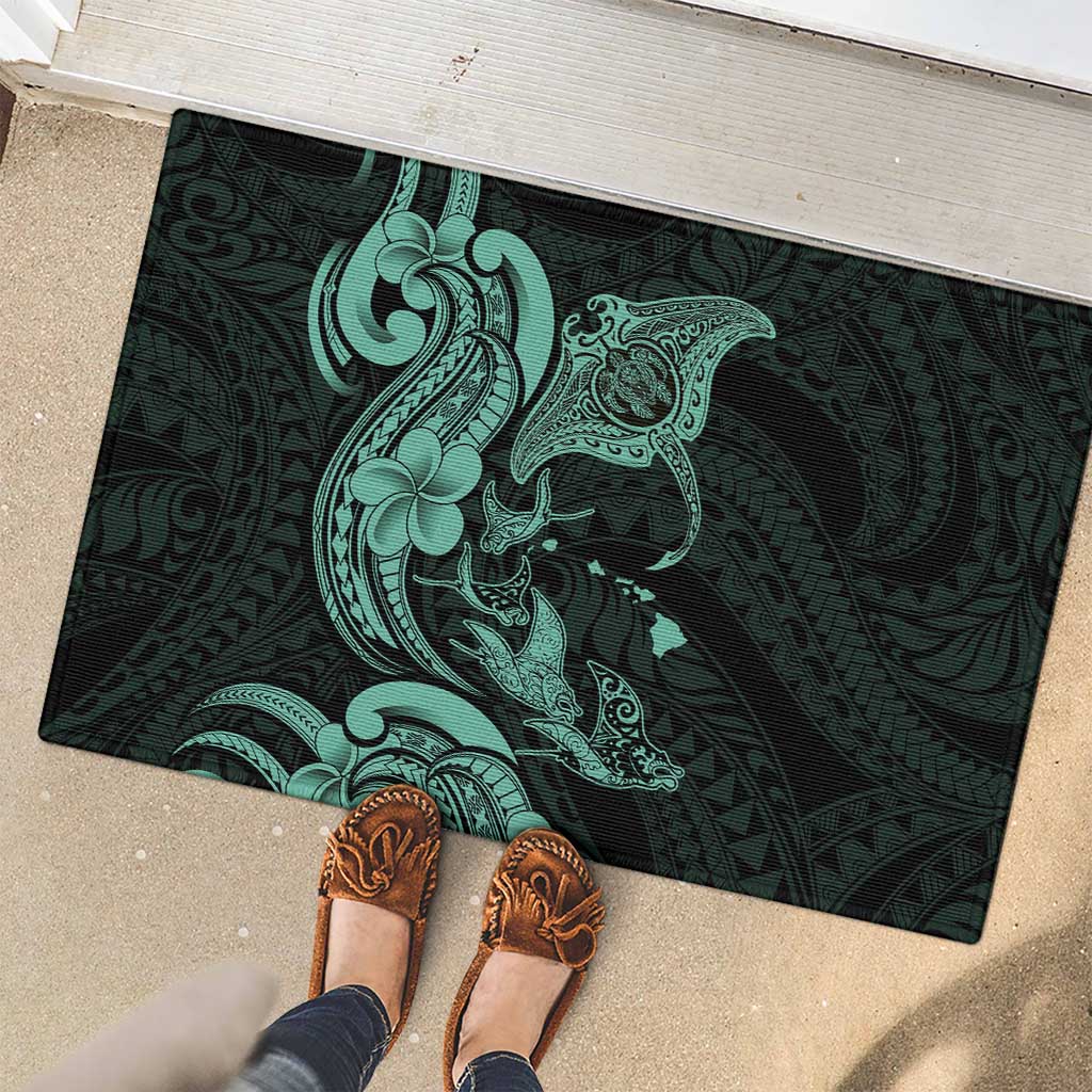 Hawaiian Manta Rays Rubber Doormat Tribal Hibiscus Polynesian Tattoos Turquoise Color - Polynesian Pride