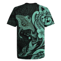 Hawaiian Manta Rays Rugby Jersey Tribal Hibiscus Polynesian Tattoos Turquoise Color - Polynesian Pride