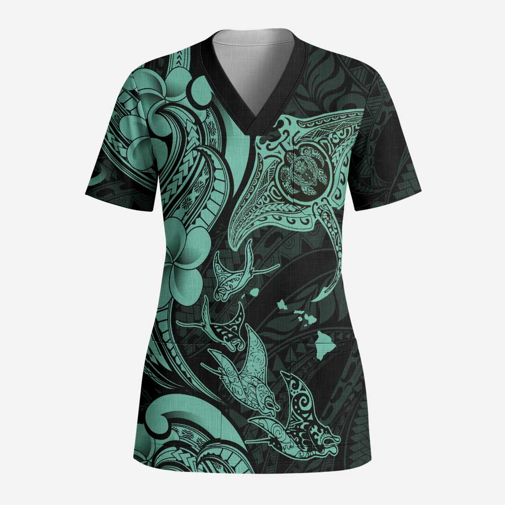 Hawaiian Manta Rays Scrub Top Tribal Hibiscus Polynesian Tattoos Turquoise Color - Polynesian Pride