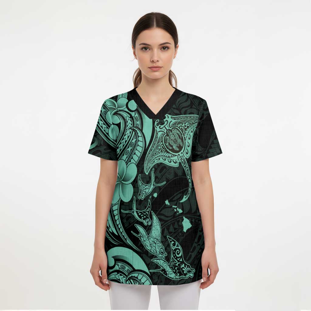 Hawaiian Manta Rays Scrub Top Tribal Hibiscus Polynesian Tattoos Turquoise Color - Polynesian Pride