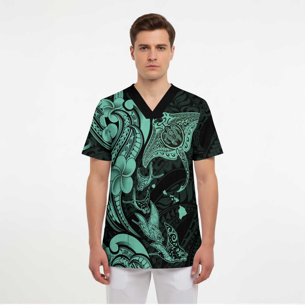 Hawaiian Manta Rays Scrub Top Tribal Hibiscus Polynesian Tattoos Turquoise Color - Polynesian Pride