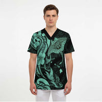 Hawaiian Manta Rays Scrub Top Tribal Hibiscus Polynesian Tattoos Turquoise Color - Polynesian Pride