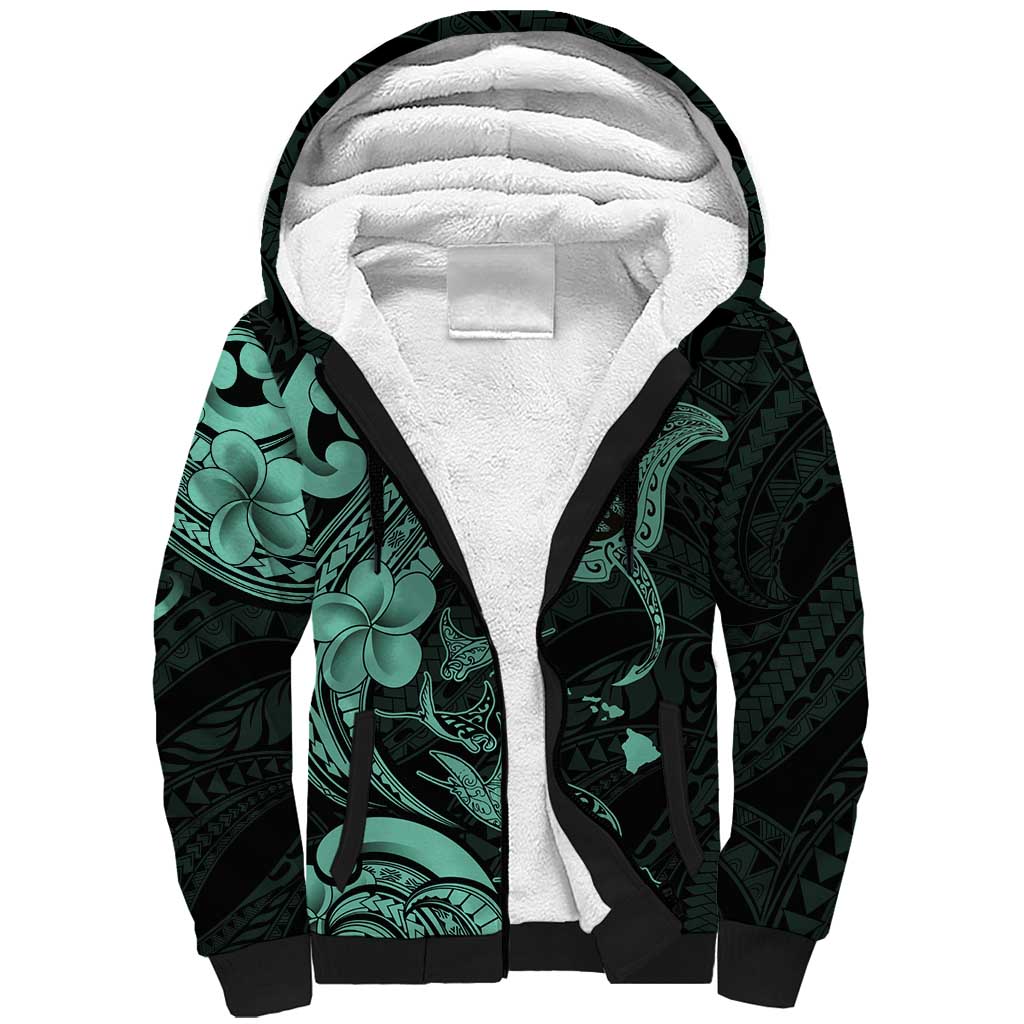 Hawaiian Manta Rays Sherpa Hoodie Tribal Hibiscus Polynesian Tattoos Turquoise Color - Polynesian Pride