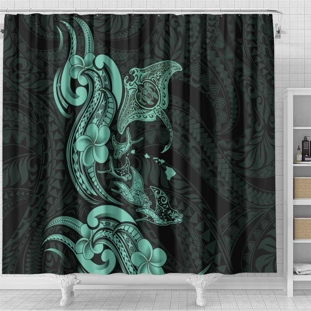 Hawaiian Manta Rays Shower Curtain Tribal Hibiscus Polynesian Tattoos Turquoise Color - Polynesian Pride