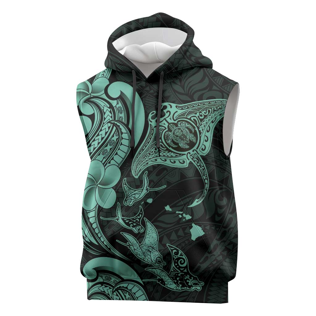 Hawaiian Manta Rays Sleeveless Hoodie Tribal Hibiscus Polynesian Tattoos Turquoise Color - Polynesian Pride