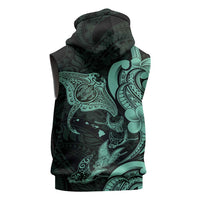 Hawaiian Manta Rays Sleeveless Hoodie Tribal Hibiscus Polynesian Tattoos Turquoise Color - Polynesian Pride