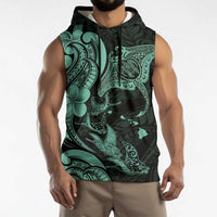 Hawaiian Manta Rays Sleeveless Hoodie Tribal Hibiscus Polynesian Tattoos Turquoise Color - Polynesian Pride